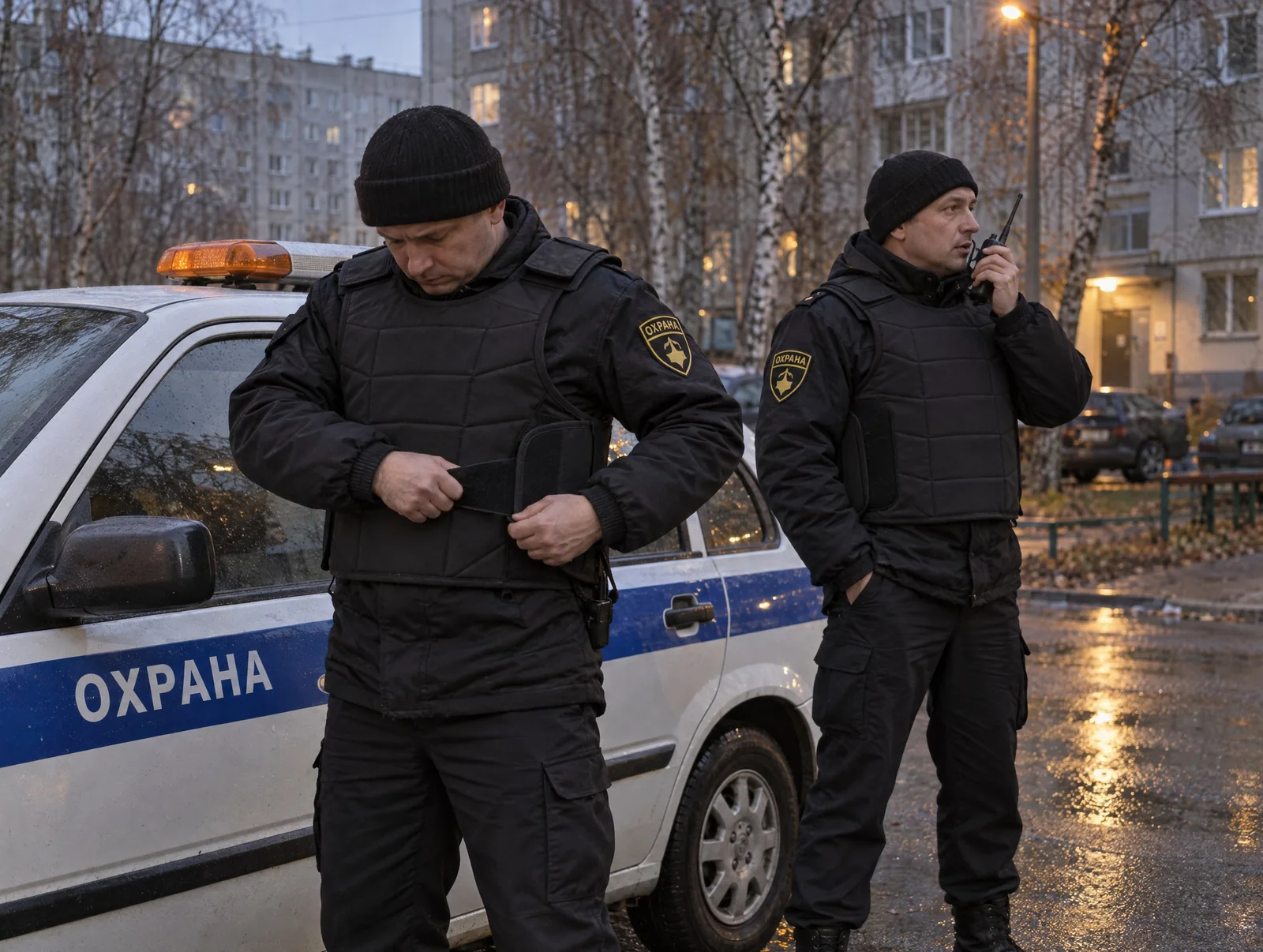 Response team guards putting on protective vests next to their car in a residential courtyard