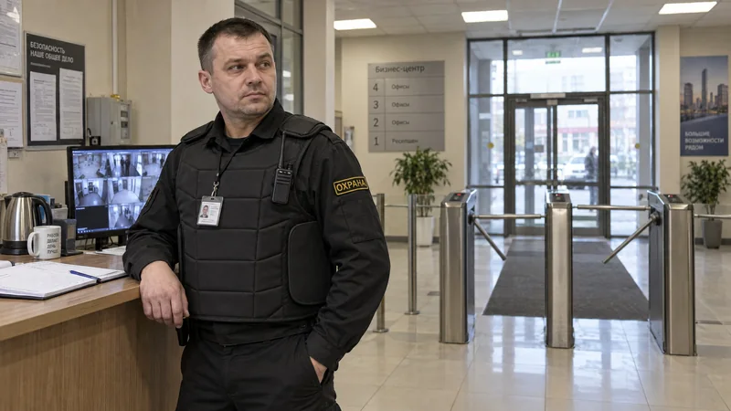 Private security guard in a black protective vest at the turnstiles in a business center lobby