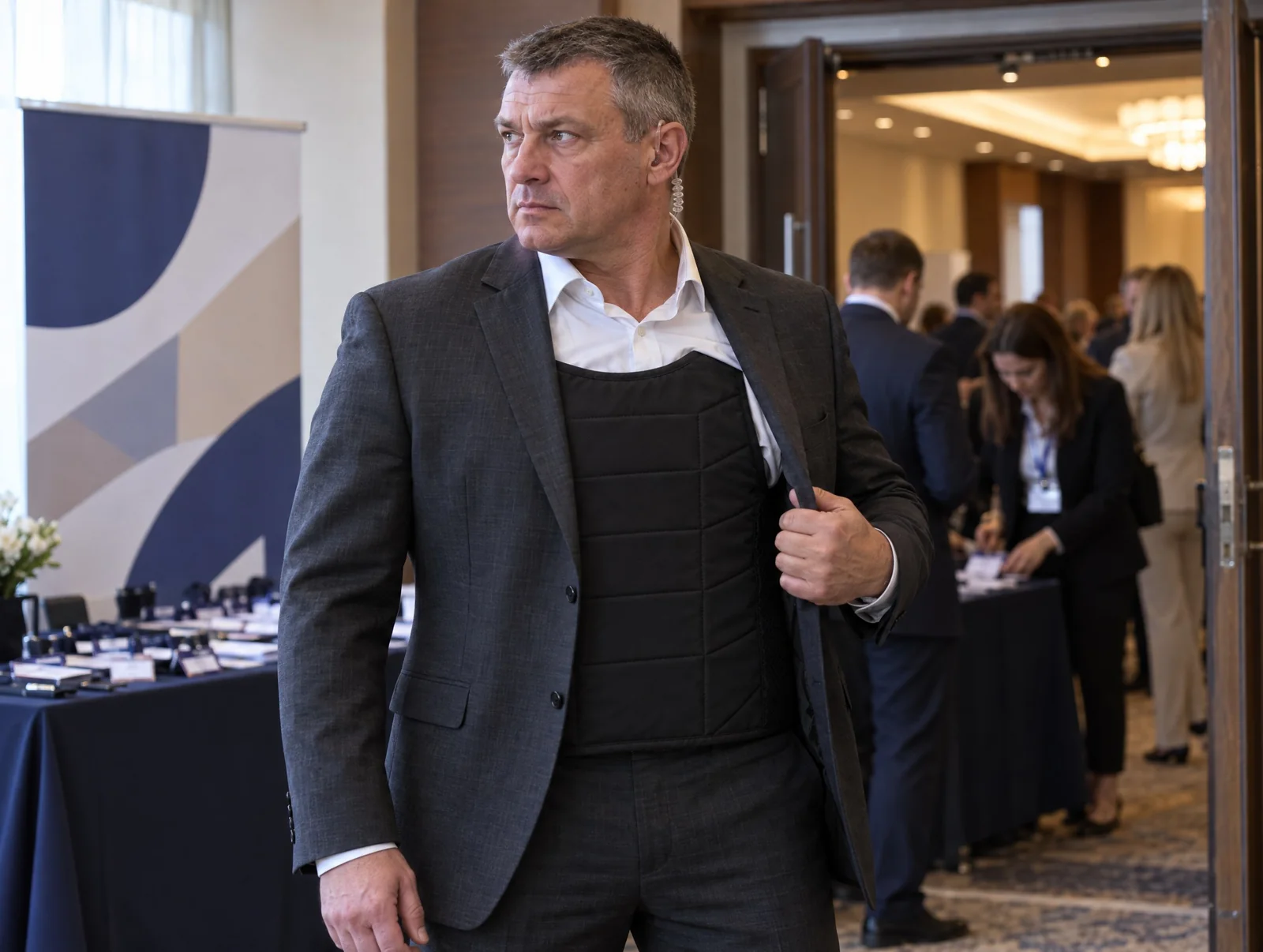 Bodyguard at a business event in a hotel with concealable body armor under his jacket