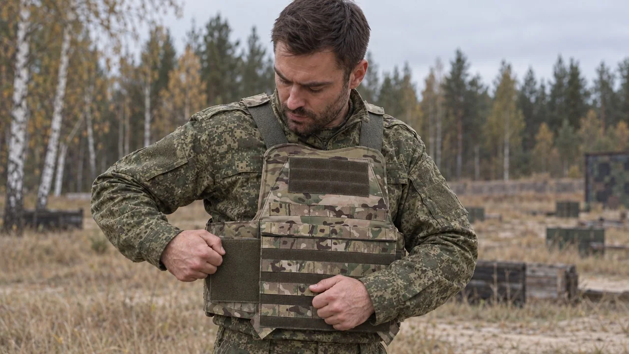 Военный в полевой форме надевает плитник TactiX и застёгивает боковую часть на липучку