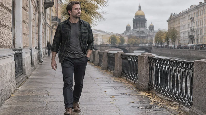 A man in an unbuttoned plaid shirt over a dark T-shirt walking along an autumn embankment in St. Petersburg