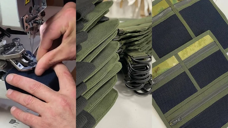 Sewing body armor covers in the IRON TACTICA workshop: a sewing machine, cover blanks and finished panels