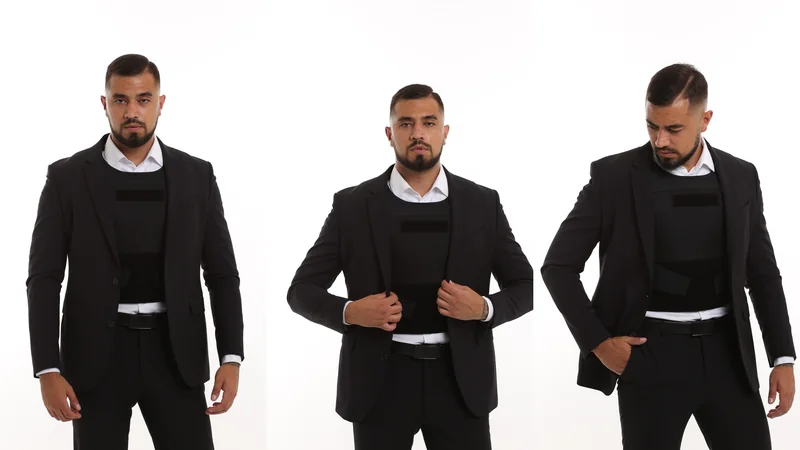 A man wearing the COYOTE concealable body armor under a jacket, shown from three angles
