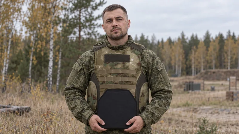 Военный в полевой форме в бронежилете DARK ARMOR M-5 держит бронеплиту перед жилетом