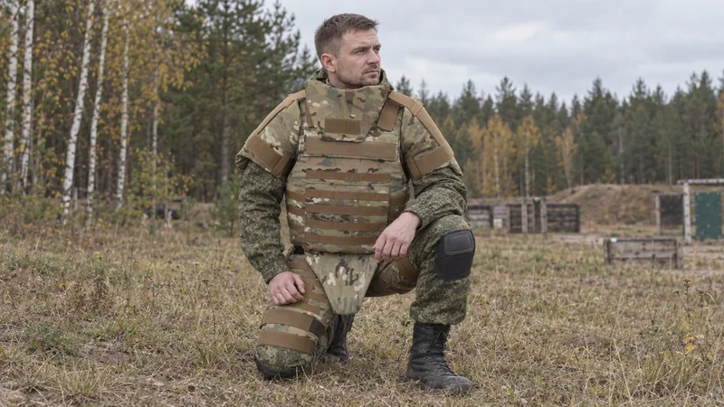 A soldier in the OBSIDIAN MAX assault kit with collar, shoulder, groin and thigh protection kneeling on a training ground